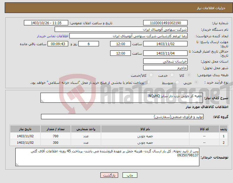 تصویر کوچک آگهی نیاز انتخاب تامین کننده-جعبه کر چوبی درب دار سایز HQوNQ