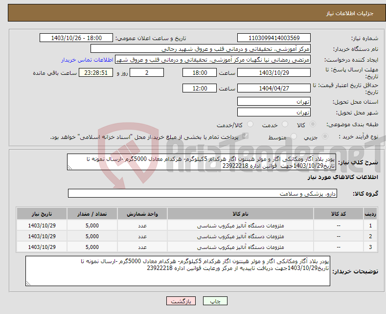 تصویر کوچک آگهی نیاز انتخاب تامین کننده-پودر بلاد آگار ومکانکی اگار و مولر هینتون اگار هرکدام 5کیلوگرم- هرکدام معادل 5000گرم -ارسال نمونه تا تاریخ1403/10/29جهت قوانین اداره 23922218