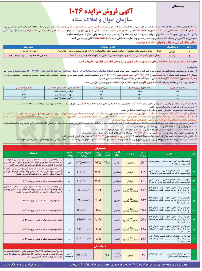 تصویر کوچک آگهی فروش املاک در تهران و لواسان در 10 ردیف با کاربری اداری، مسکونی، تجاری، باغات و کشاورزی