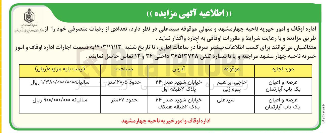 تصویر کوچک آگهی اجاره تعدادی از رقبات متصرفی در دو ردیف 