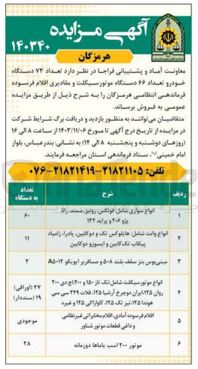 تصویر کوچک آگهی فروش تعداد ۷۳ دستگاه خودرو تعداد ۶۶ دستگاه موتورسیکلت و مقادیری اقلام فرسوده