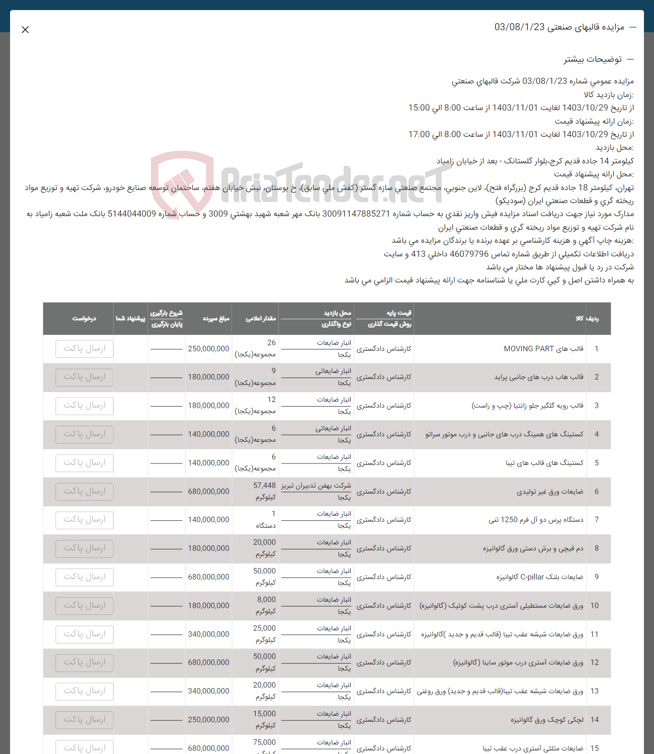 تصویر کوچک آگهی فروش اقلام شامل : قالب های MOVING PART-قالبه ای ذرب های جانبی پراید- قالب رویه گلگیر جلو زانتیا- کستینگ های همینگ درب ها ی جانبی و درب موتور  -ضایعات ورق غیر تولیدی - دستگاه پرس دو آل فرم- دم قیچی و برش دستی - ضایعات بلنگ C-PILLAR- ورق ضایعاتی مستعطیلی -ورق ضایعات شیشه عقب تیبا- ورق ضایعات آستری - لچکی کوچک ورق گالوانیزه و ...
