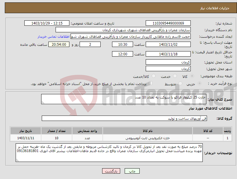 تصویر کوچک آگهی نیاز انتخاب تامین کننده-خازن 25 کیلووار فراکو با سوکت به تعداد 10 عدد