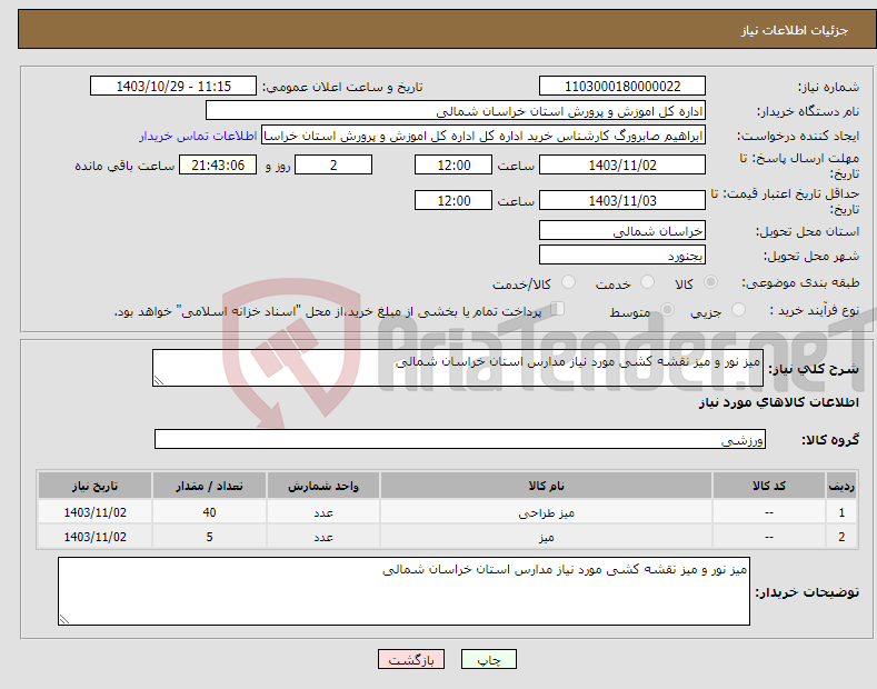 تصویر کوچک آگهی نیاز انتخاب تامین کننده-میز نور و میز نقشه کشی مورد نیاز مدارس استان خراسان شمالی