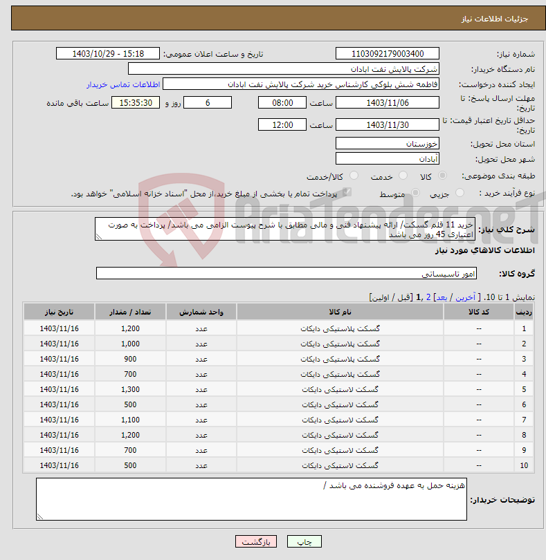 تصویر کوچک آگهی نیاز انتخاب تامین کننده-خرید 11 قلم گسکت/ ارائه پیشنهاد فنی و مالی مطابق با شرح پیوست الزامی می باشد/ پرداخت به صورت اعتباری 45 روز می باشد 