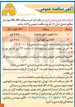 تصویر کوچک آگهی خرید میلگرد A3 ،A2 مورد نیاز پروژه دارخوین به تناژ 699 تن