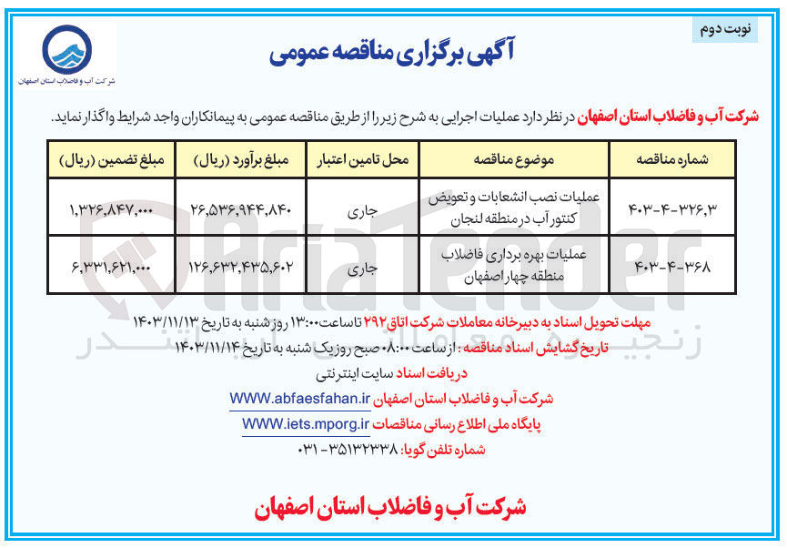 تصویر کوچک آگهی عملیات نصب انشعابات و تعویض کنتور آب در منطقه لنجان 