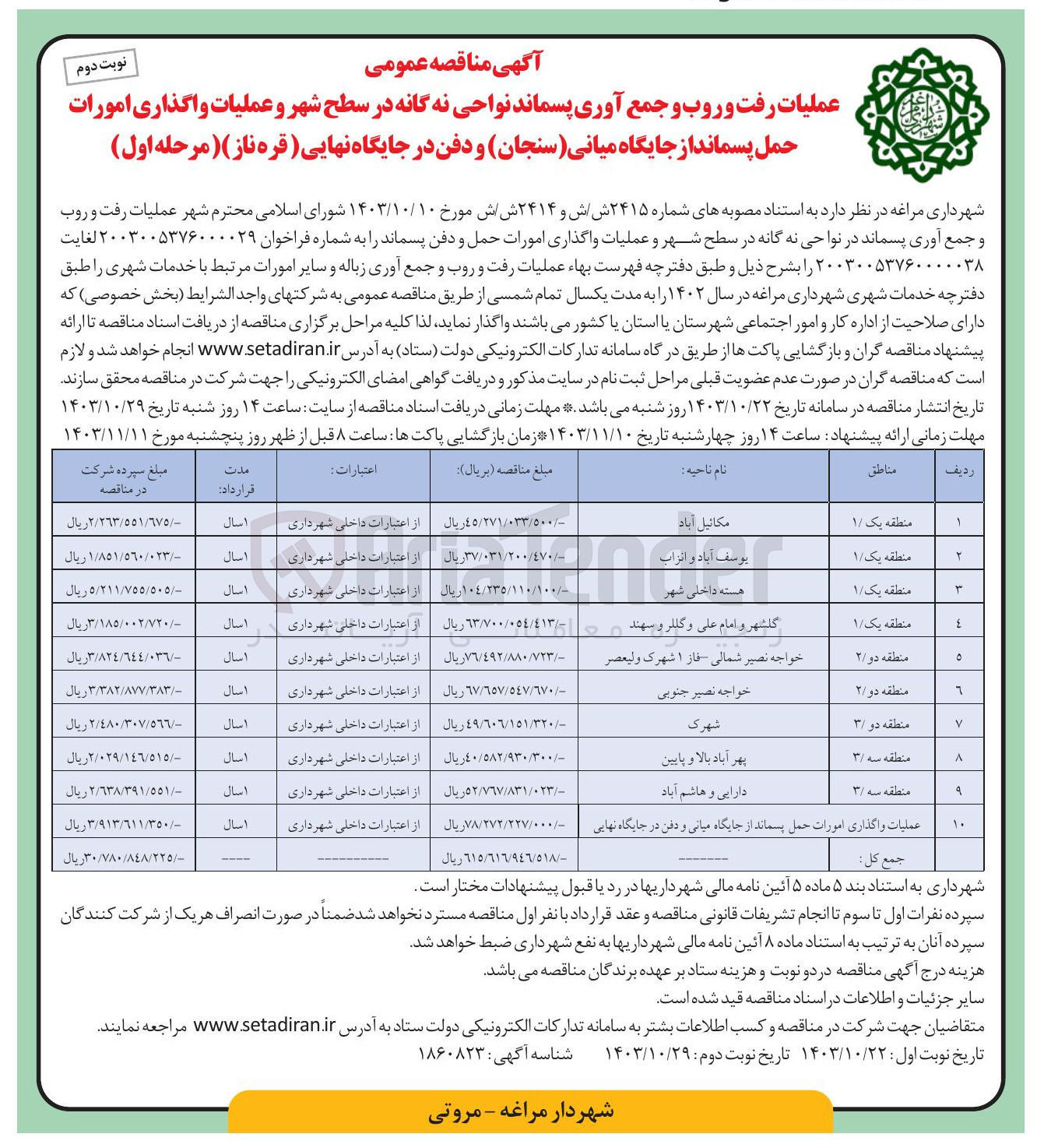 تصویر کوچک آگهی عملیات واگذاری امورات حمل پسماند از جایگاه میانی و دفن در جایگاه نهایی