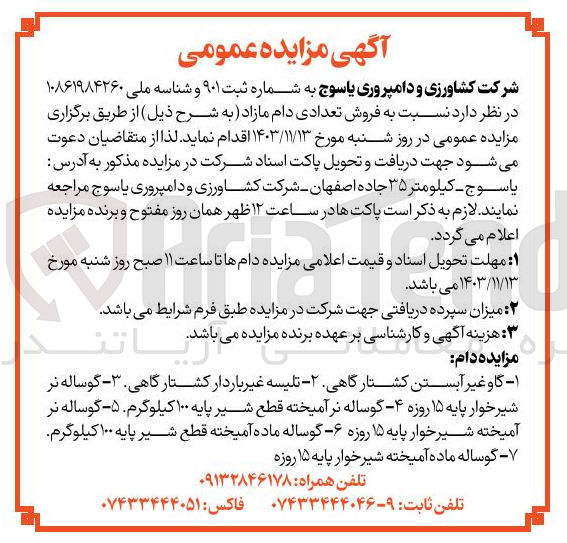 تصویر کوچک آگهی فروش تعدادی دام مازاد :  1- گاو غیر آبستن کشتارگاهی ۲ - تلیسه غیر باردار کشتارگاهی . ۳ - گوساله نر شیرخوار پایه ۱۵ روزه ۴ - گوساله نر آمیخته قطع شیر پایه ۱۰۰ کیلوگرم ۵ - گوساله نر آمیخته شیرخوار پایه ۱۵ روزه ۶ - گوساله ماده آمیخته قطع شیر پایه ۱۰۰ کیلوگرم 7- گوساله ماده آمیخته شیر خوار پایه ۱۵ روزه 