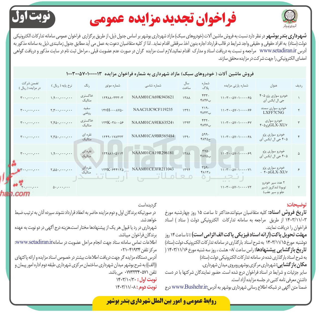 تصویر کوچک آگهی فروش ماشین آلات خودروهای سبک مازاد در 7 ردیف : پژو 405 - سمند LX و ....
