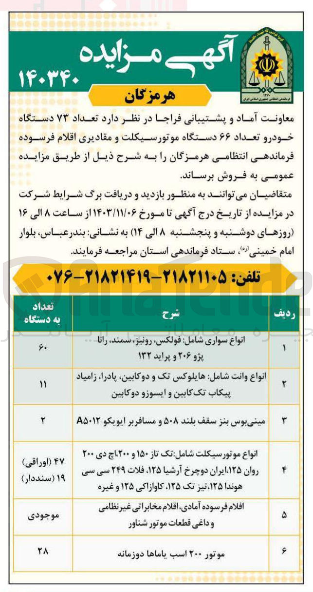تصویر کوچک آگهی فروش تعداد ۷۳ دستگاه خودرو تعداد ۶۶ دستگاه موتورسیکلت و مقادیری اقلام فرسوده 