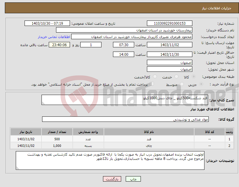 تصویر کوچک آگهی نیاز انتخاب تامین کننده-قند شکسته500کیلو _ چای دبش1000کیلو