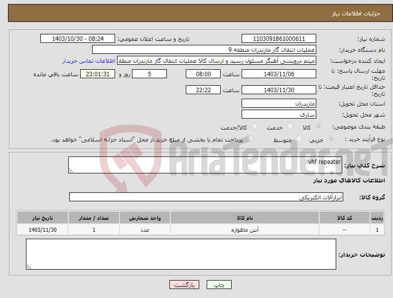تصویر کوچک آگهی نیاز انتخاب تامین کننده-vhf repeater