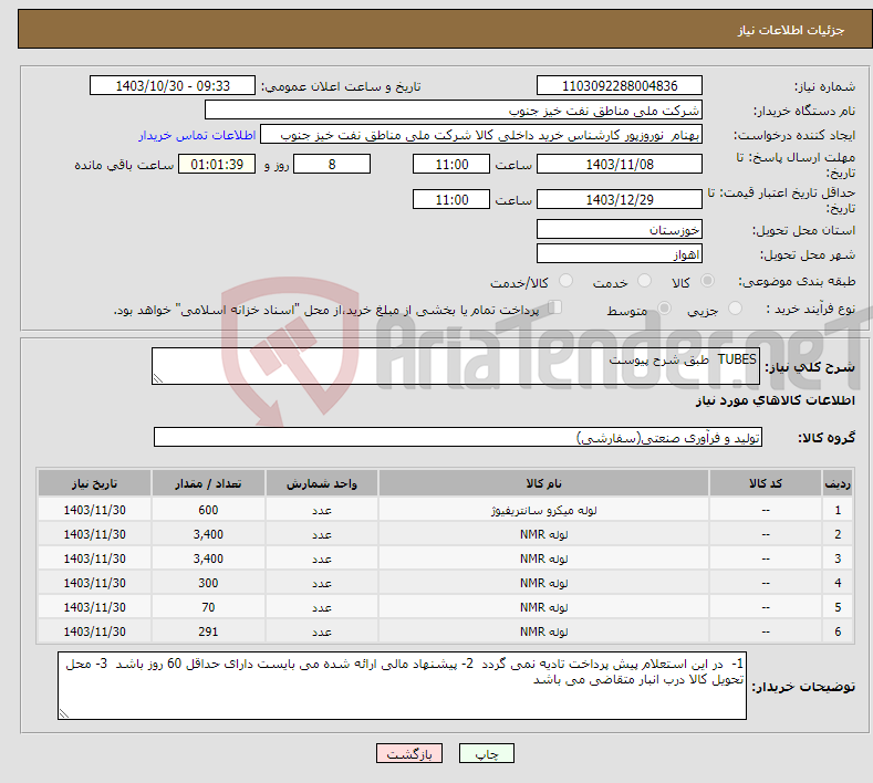 تصویر کوچک آگهی نیاز انتخاب تامین کننده-TUBES طبق شرح پیوست 