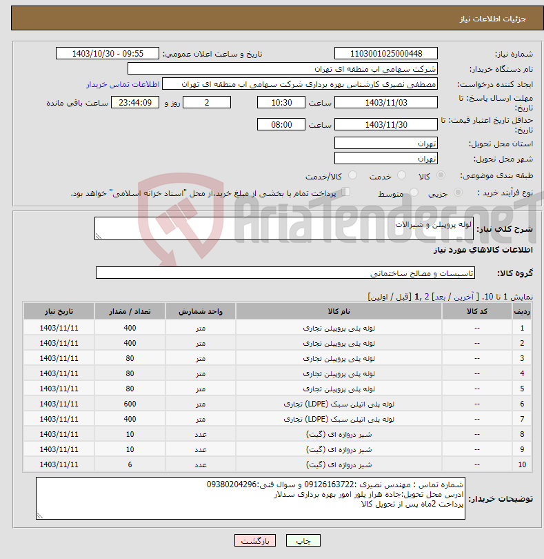 تصویر کوچک آگهی نیاز انتخاب تامین کننده-لوله پروپیلن و شیرالات
