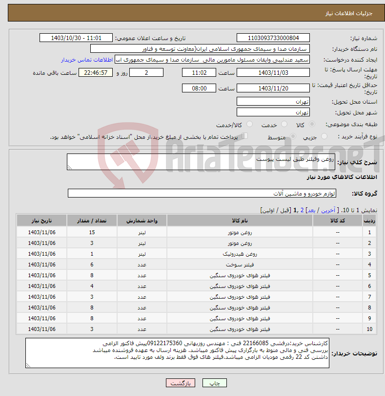 تصویر کوچک آگهی نیاز انتخاب تامین کننده-روغن وفیلتر طبق لیست پیوست