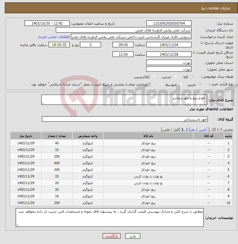 تصویر کوچک آگهی نیاز انتخاب تامین کننده- انواع پیچ و مهر و واشر 
