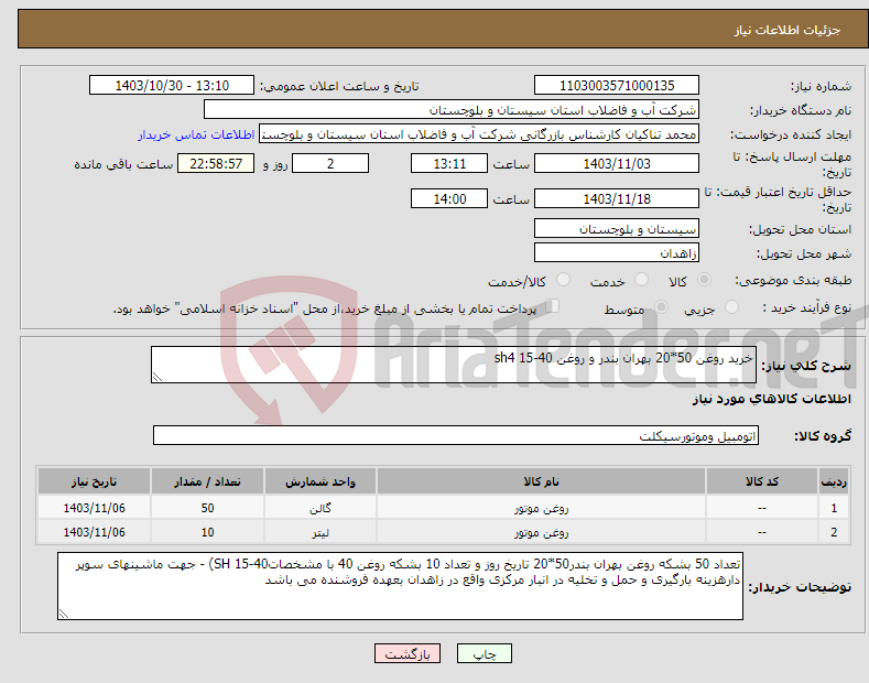 تصویر کوچک آگهی نیاز انتخاب تامین کننده-خرید روغن 50*20 بهران بندر و روغن sh4 15-40