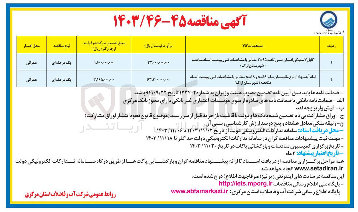 تصویر کوچک آگهی لوله آبده چاه از نوع مانیسمان سایز ۶ اینچ و ۸ اینچ