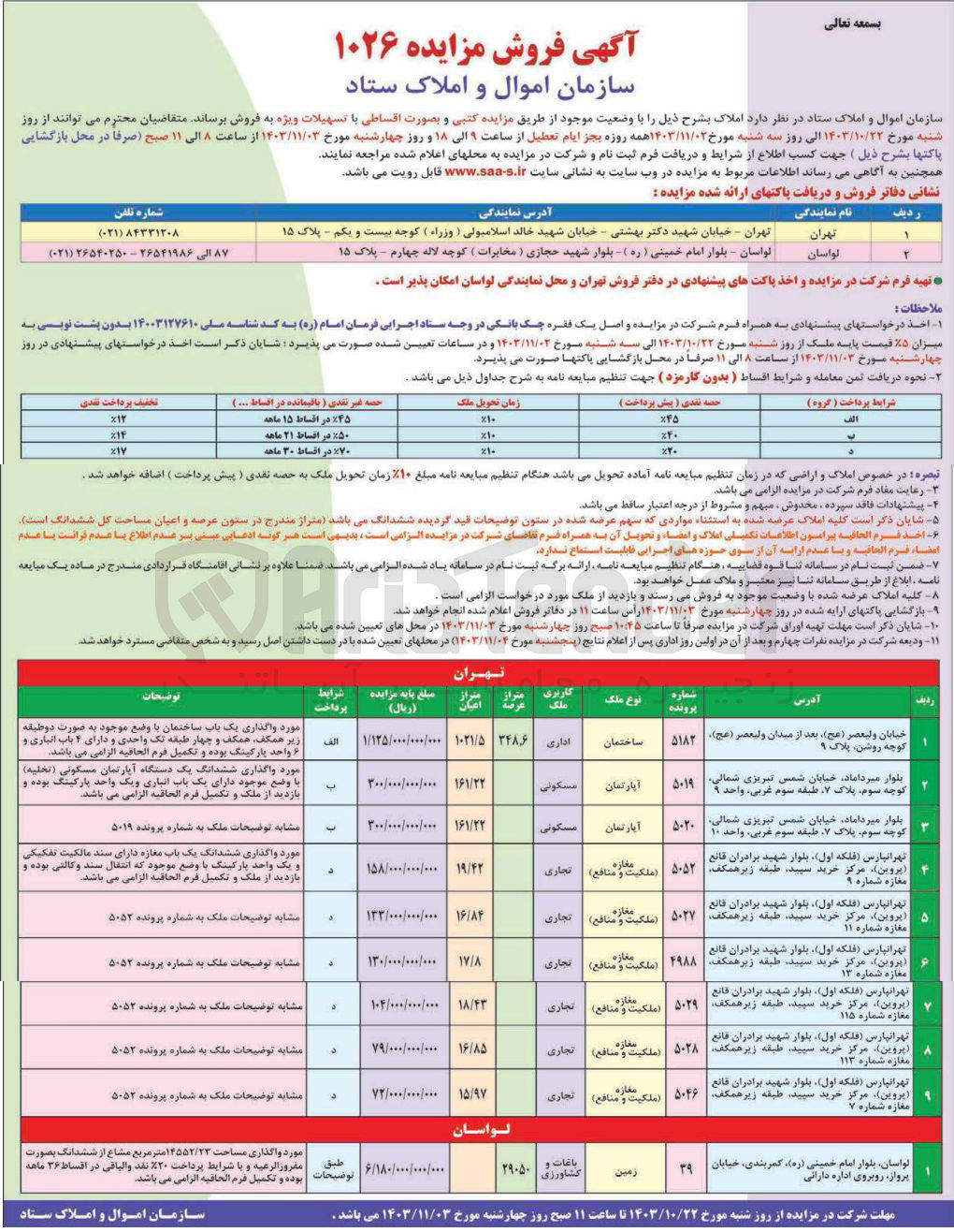 تصویر کوچک آگهی فروش املاک در 10 ردیف در تهران و لواسان و با کاربری های اداری، مسکونی، تجاری، باغات و کشاورزی