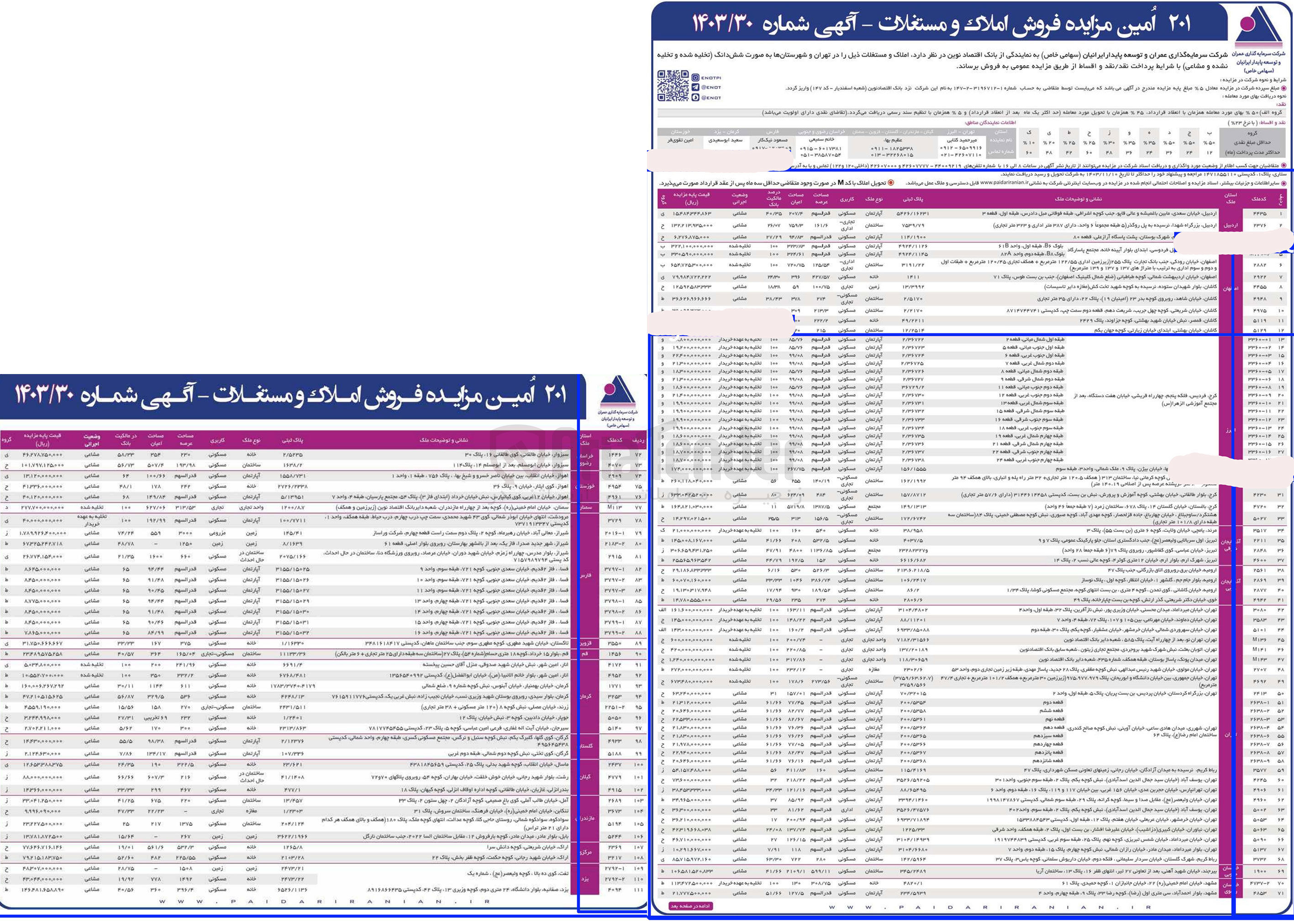 تصویر کوچک آگهی فروش املاک در 111 ردیف در استان های اردبیل، اصفهان، البرز، آذر شرقی، آذر غربی، تهران، خراسان جنوبی، خراسان رضوی، خوزستان، سمنان، فارس، قزوین، قم، کرمان، گلستان، گیلان، مازندران، مرکزی، یزد با کاربری های مسکونی، تجاری، مزروعی، اداری