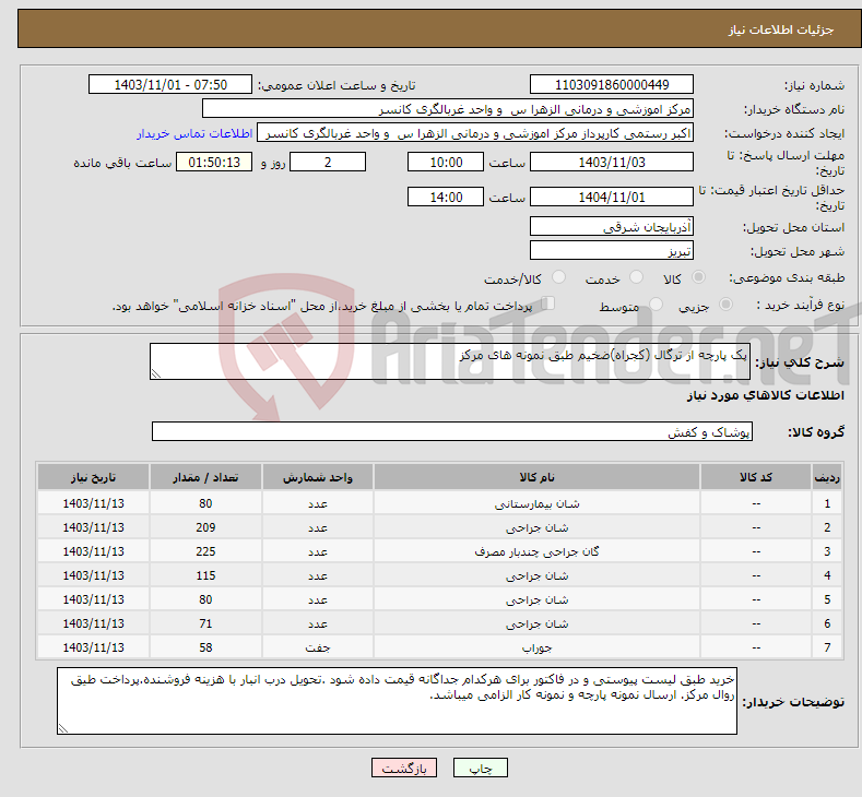 تصویر کوچک آگهی نیاز انتخاب تامین کننده-پک پارچه از ترگال (کجراه)ضخیم طبق نمونه های مرکز