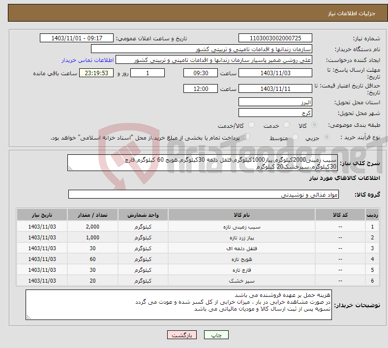 تصویر کوچک آگهی نیاز انتخاب تامین کننده-سیب زمینی2000کیلوگرم،پیاز1000کیلوگرم،فلفل دلمه 30کیلوگرم،هویج 60 کیلوگرم،قارچ 30کیلوگرم،سیرخشک20 کیلوگرم