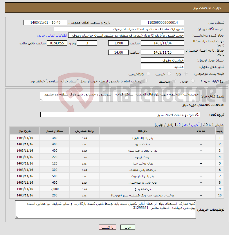 تصویر کوچک آگهی نیاز انتخاب تامین کننده-خریددرخت و درختچه جهت بلوارهای اندیشه ،شاهد،فلاحی ،شریعتی و حسابی شهرداری منطقه ده مشهد