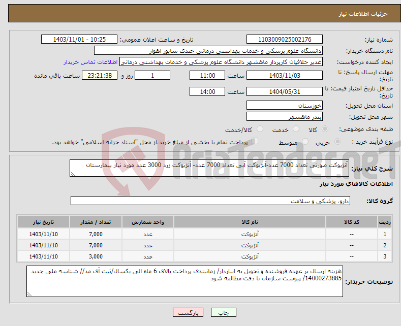 تصویر کوچک آگهی نیاز انتخاب تامین کننده-آنژیوکت صورتی تعداد 7000 عدد-آنژیوکت آبی تعداد 7000 عدد- آنژیوکت زرد 3000 عدد مورد نیاز بیمارستان