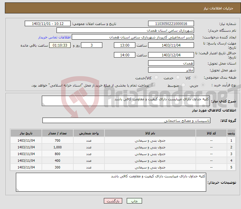 تصویر کوچک آگهی نیاز انتخاب تامین کننده-کلیه جداول دارای میبایست دارای کیفیت و مقاومت کافی باشد