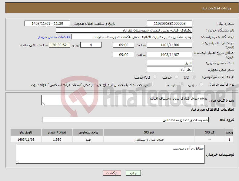 تصویر کوچک آگهی نیاز انتخاب تامین کننده-پروژه جدول گذاری معابر روستای اقبالیه