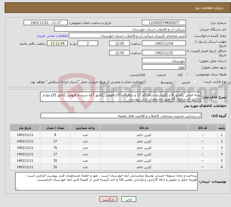 تصویر کوچک آگهی نیاز انتخاب تامین کننده-بدنه اصلی رگلاتور 8 و نگهدارنده دیافراگم 17 و دیافراگم 70و فلومتر رگلاتور 17و شیشه فلومتر رگلاتور 35و لوازم انژکتور فشارقوی 35 طبق مشخصات فنی پیوست 