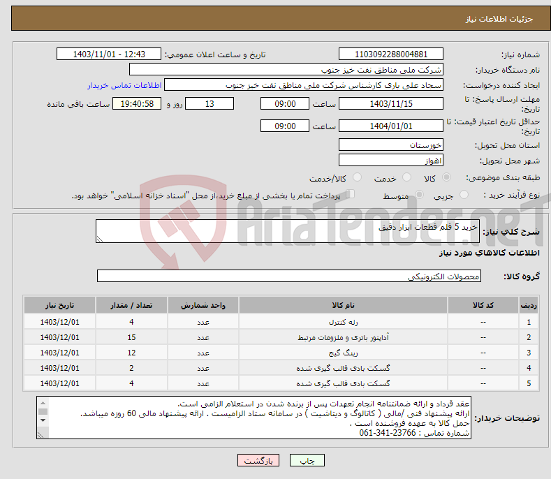 تصویر کوچک آگهی نیاز انتخاب تامین کننده-خرید 5 قلم قطعات ابزار دقیق