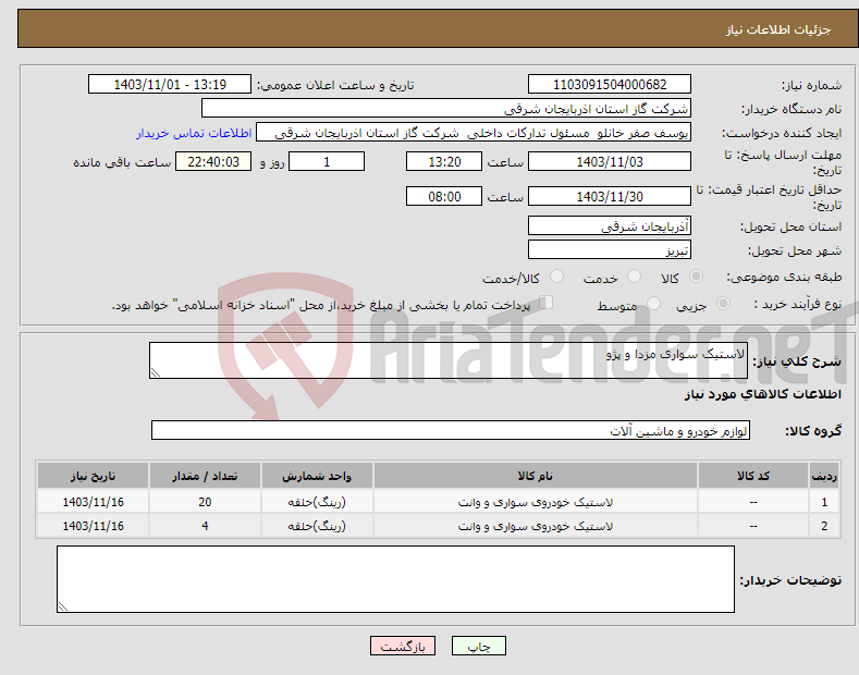 تصویر کوچک آگهی نیاز انتخاب تامین کننده-لاستیک سواری مزدا و پژو