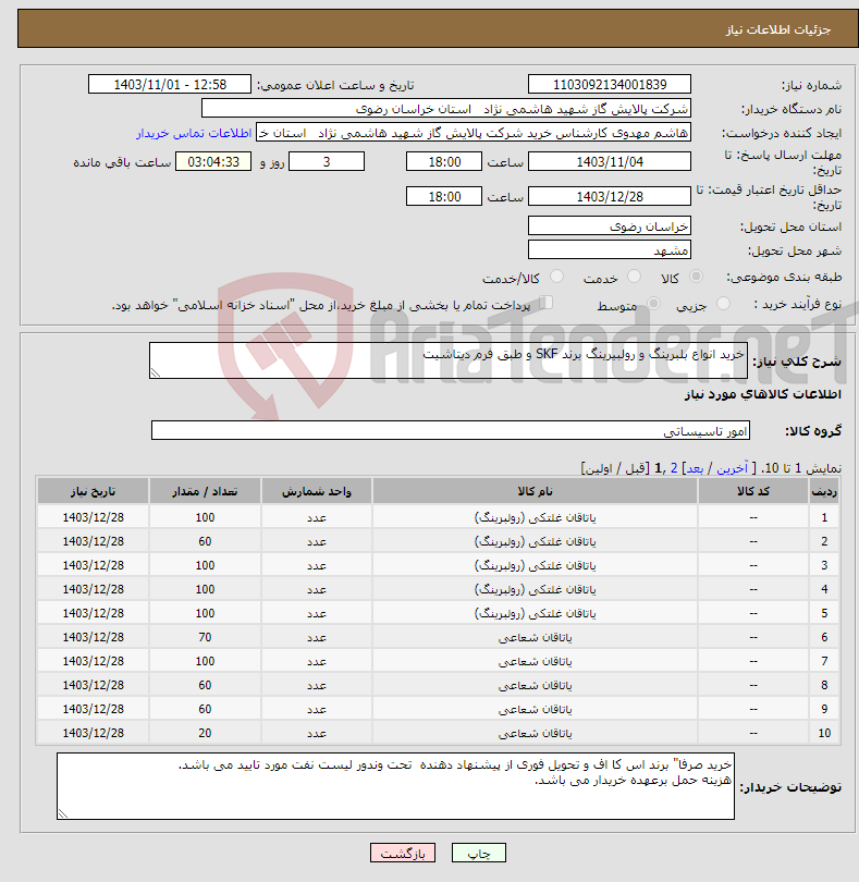 تصویر کوچک آگهی نیاز انتخاب تامین کننده-خرید انواع بلبرینگ و رولبیرینگ برند SKF و طبق فرم دیتاشیت 