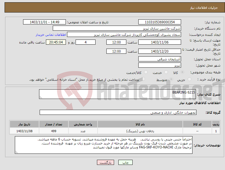 تصویر کوچک آگهی نیاز انتخاب تامین کننده-BEARING 6215