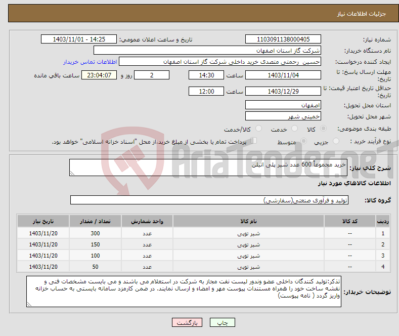 تصویر کوچک آگهی نیاز انتخاب تامین کننده-خرید مجموعاً 600 عدد شیر پلی اتیلن