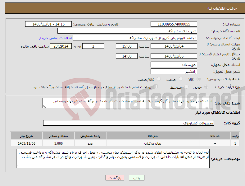 تصویر کوچک آگهی نیاز انتخاب تامین کننده-استعلام بهاء خرید نهال مثمر گل گرمسیری به تعداد و مشخصات ذکر شده در برگه استعلام بهاء پیوستی 