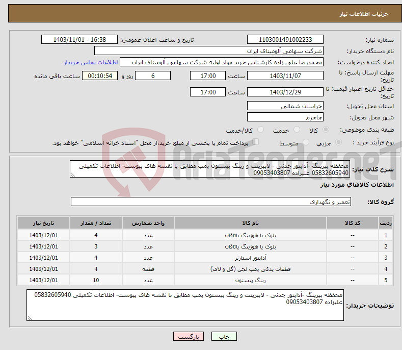 تصویر کوچک آگهی نیاز انتخاب تامین کننده-محفظه بیرینگ -آداپتور چدنی - لابیرینت و رینگ پیستون پمپ مطابق با نقشه های پیوست- اطلاعات تکمیلی 05832605940 علیزاده 09053403807