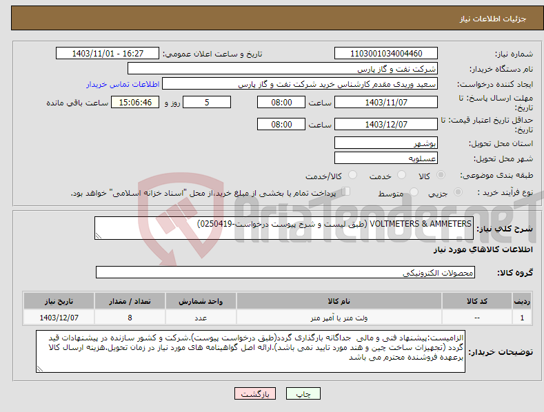تصویر کوچک آگهی نیاز انتخاب تامین کننده-VOLTMETERS & AMMETERS (طبق لیست و شرح پیوست درخواست-0250419)