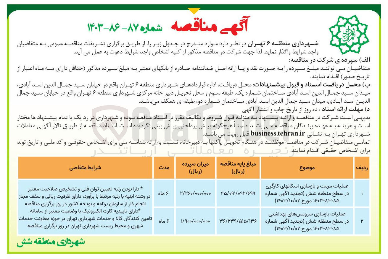 تصویر کوچک آگهی عملیات بازسازی سرویسهای بهداشتی در سطح منطقه شش