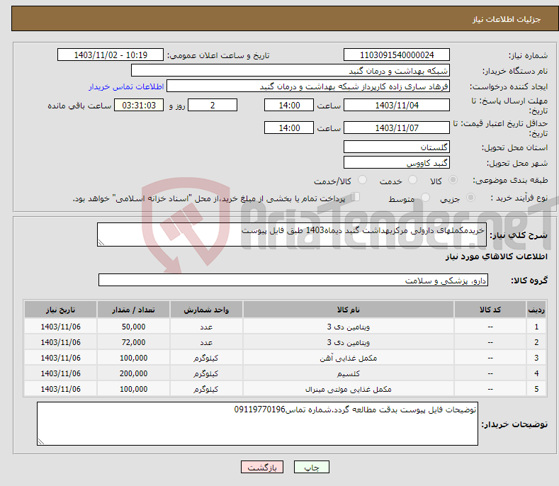 تصویر کوچک آگهی نیاز انتخاب تامین کننده-خریدمکملهای داروئی مرکزبهداشت گنبد دیماه1403 طبق فایل پیوست