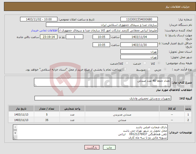 تصویر کوچک آگهی نیاز انتخاب تامین کننده-تعداد جمعا 40 عدد صندلی 