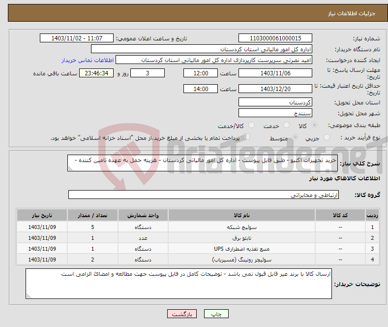 تصویر کوچک آگهی نیاز انتخاب تامین کننده-خرید تجهیزات اکتیو - طبق فایل پیوست - اداره کل امور مالیاتی کردستان - هزینه حمل به عهده تامین کننده - 