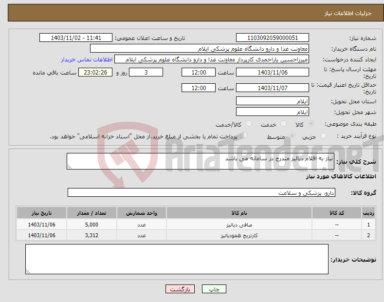 تصویر کوچک آگهی نیاز انتخاب تامین کننده-نیاز به اقلام دیالیز مندرج در سامانه می باشد