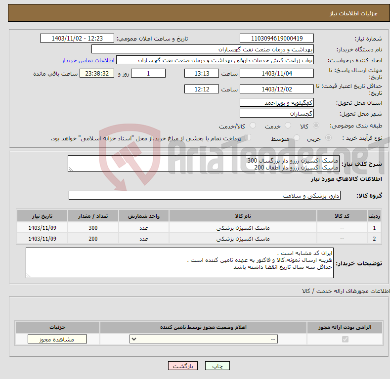 تصویر کوچک آگهی نیاز انتخاب تامین کننده-ماسک اکسیژن رزرو دار بزرگسال 300 ماسک اکسیژن رزرو دار اطفال 200