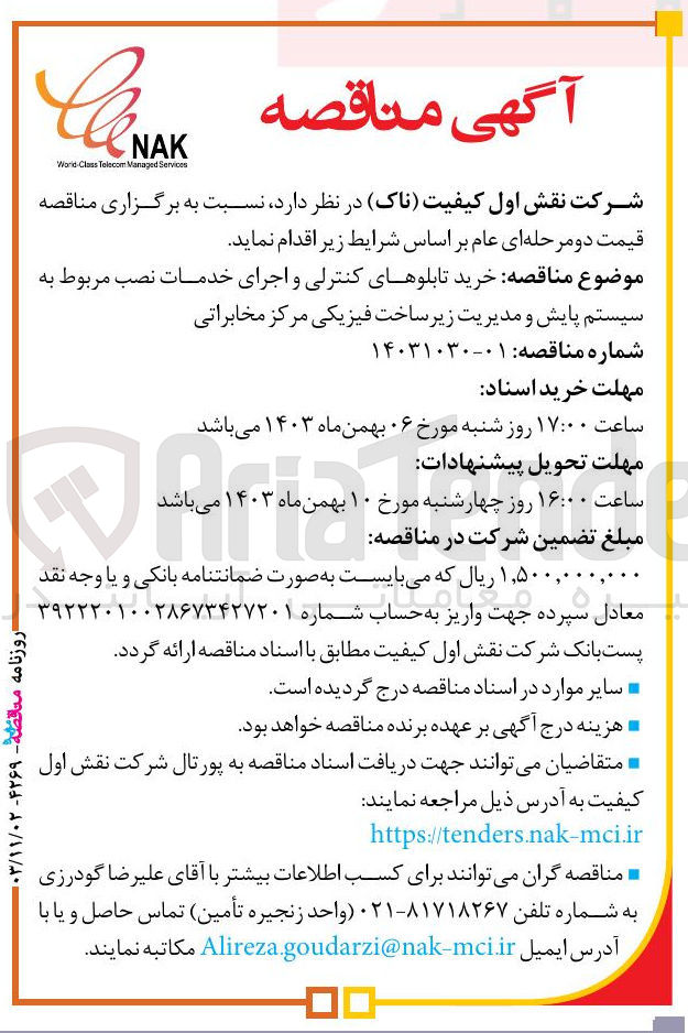 تصویر کوچک آگهی خرید تابلوهای کنترلی و اجرای خدمات نصب مربوط به سیستم پایش و مدیریت زیر ساخت فیزیکی مرکز مخابراتی 