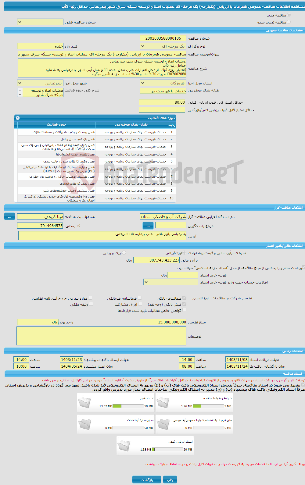 تصویر کوچک آگهی مناقصه عمومی همزمان با ارزیابی (یکپارچه) یک مرحله ای عملیات اصلا و توسعه شبکه شرق شهر بندرعباس حداقل رتبه 5آب 