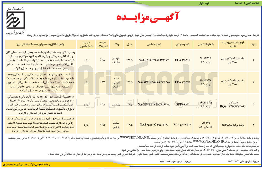 تصویر کوچک آگهی  فروش اتومبیل های زائد ۴ دستگاه خودرو وانت