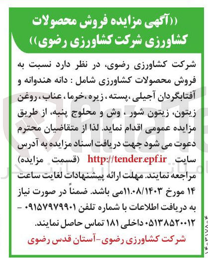 تصویر کوچک آگهی  فروش محصولات کشاورزی شامل : دانه هندوانه و آفتابگردان آجیلی ، پسته ، زیره ، خرما ، عناب ، روغن زیتون زیتون شور ، وش و محلوج پنبه